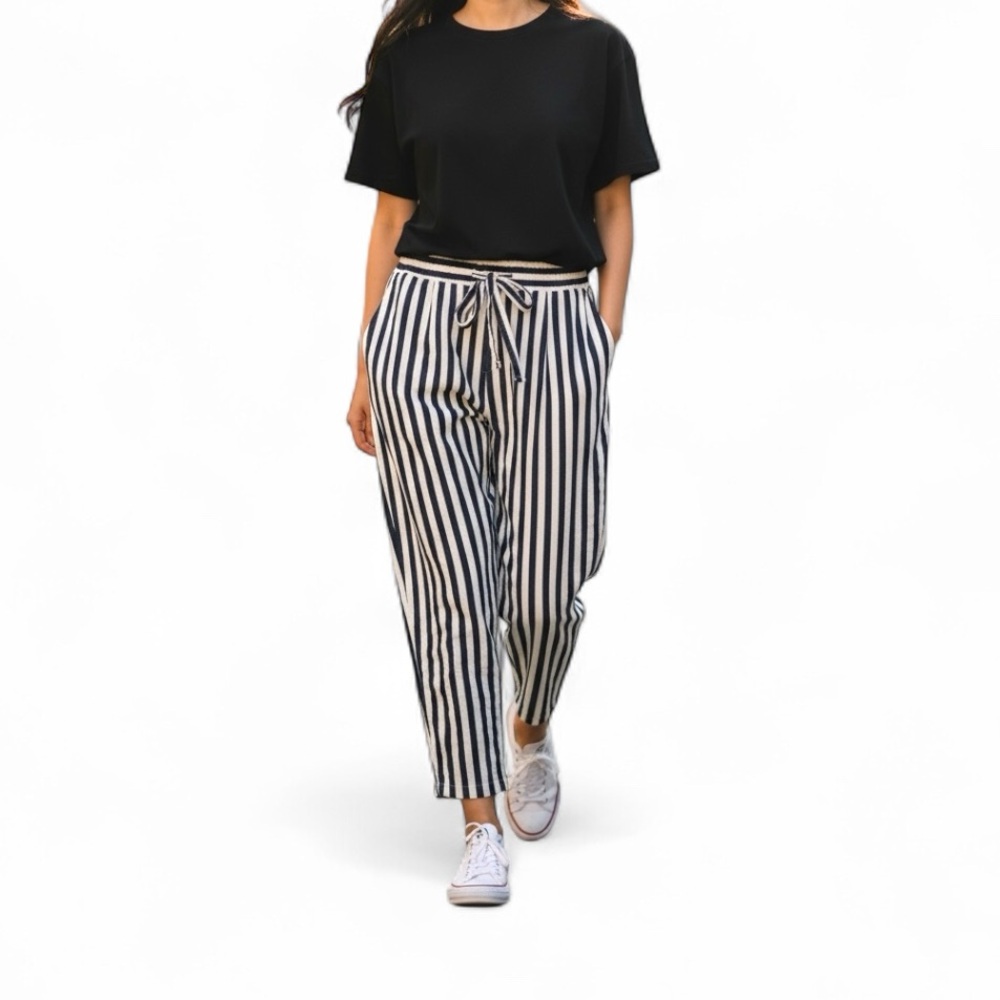 ZARA Navy White Striped Paperbag Waist Pants Size 8 - Picture 9 of 13